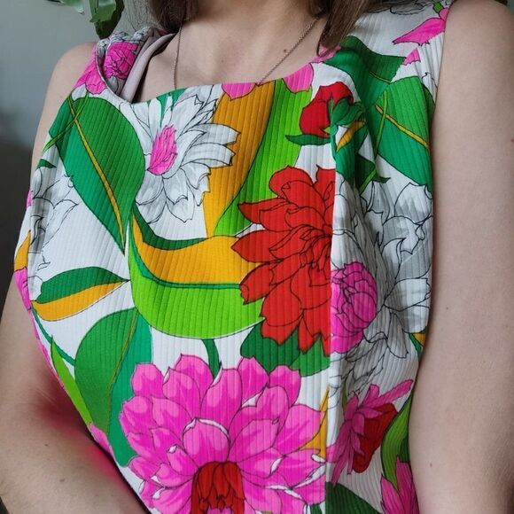 Floral Midi Dress 60s 70s Bark Cloth Bright Spring Vintage - Picture 7 of 9